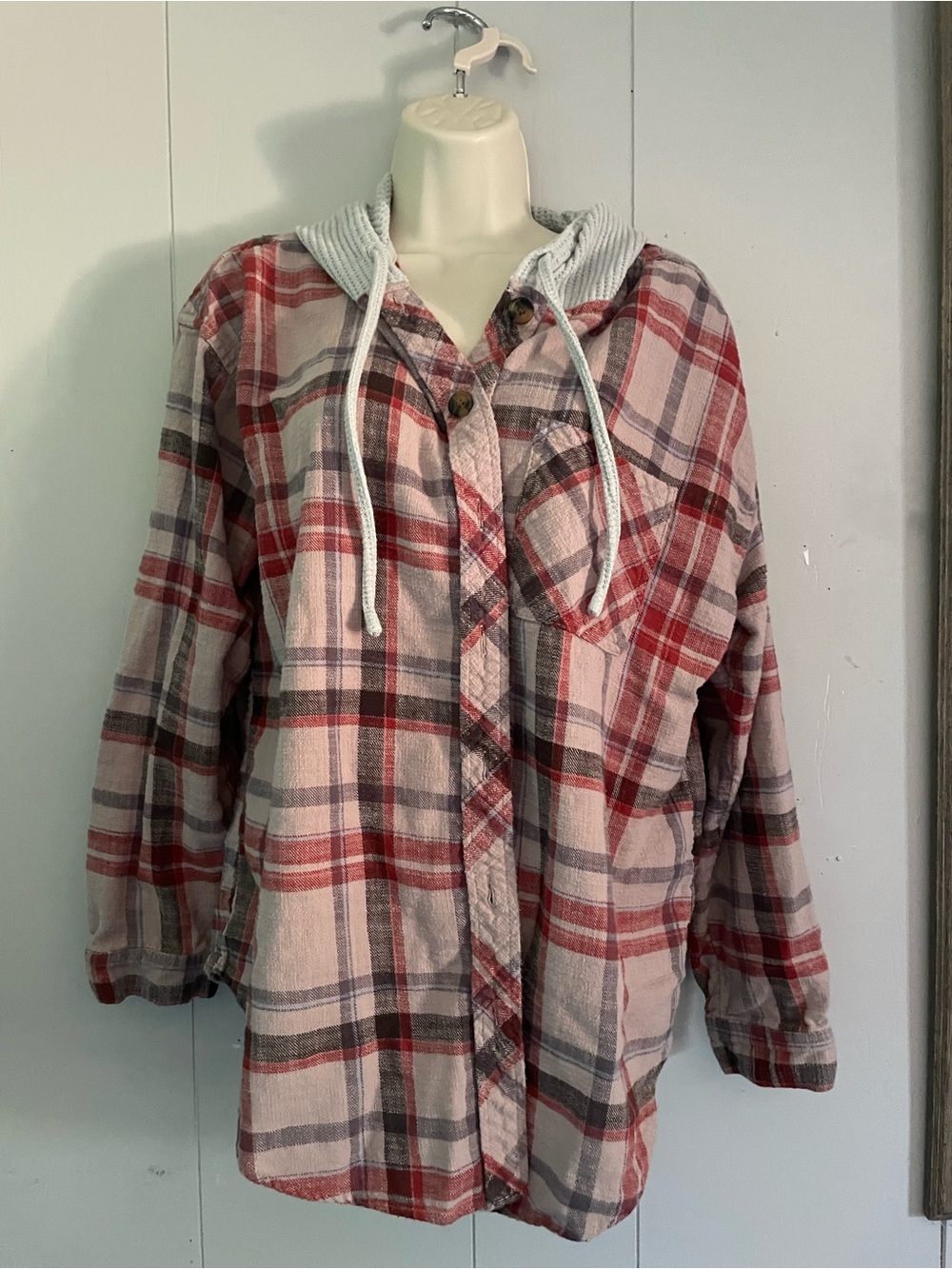 Maurices Red and Cream Plaid Hooded Shirt Jacket